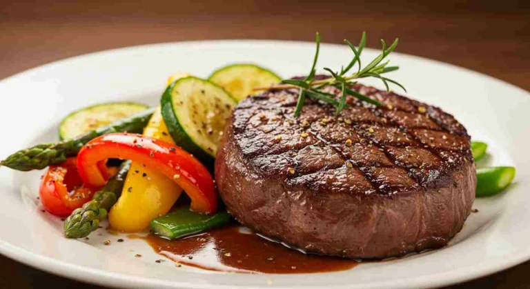 Grilled sirloin steak with a seared crust, served with sides.