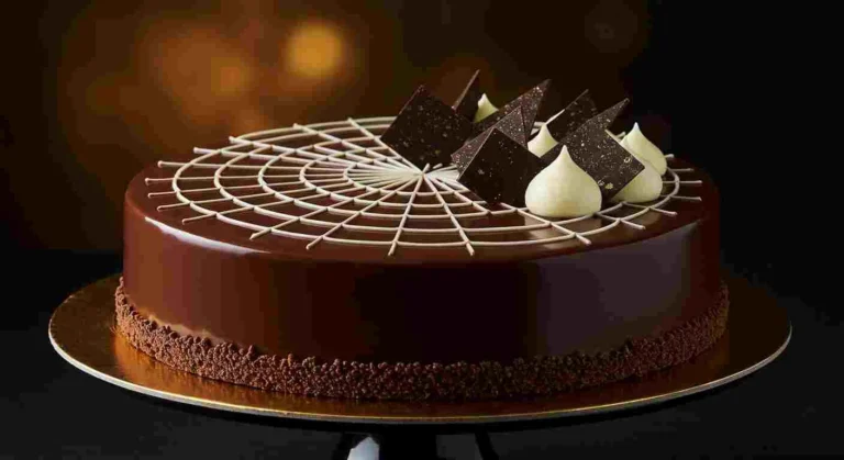 A slice of Black Tie Mousse Cake with layers of chocolate and mousse topped with chocolate shavings.
