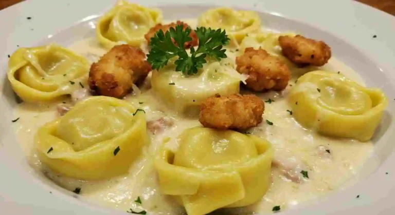 Chicken Tortelloni Alfredo with cheese-filled pasta in creamy Alfredo sauce.