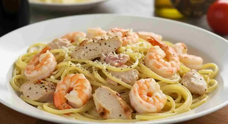 A plate of Chicken and Shrimp Carbonara featuring grilled chicken, succulent shrimp, and fettuccine pasta in a creamy carbonara sauce, garnished with a sprinkle of parmesan.
