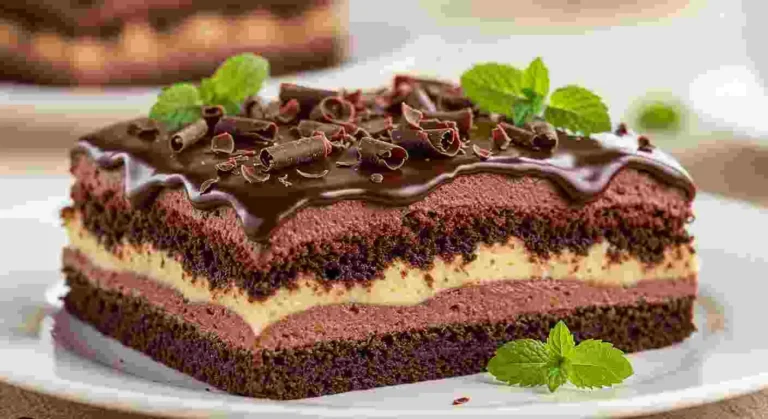 A slice of Chocolate Lasagna with layers of mousse and whipped cream.