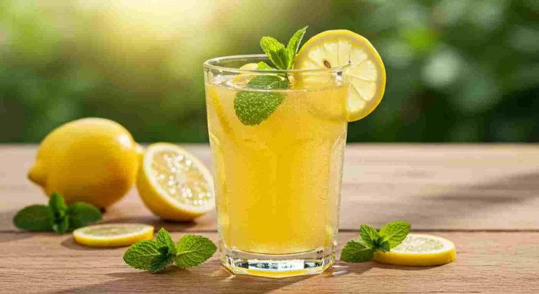A glass of classic lemonade with ice and a lemon slice.