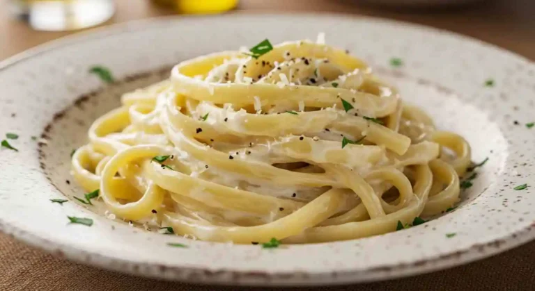 Creamy Fettuccine Alfredo topped with rich Alfredo sauce.