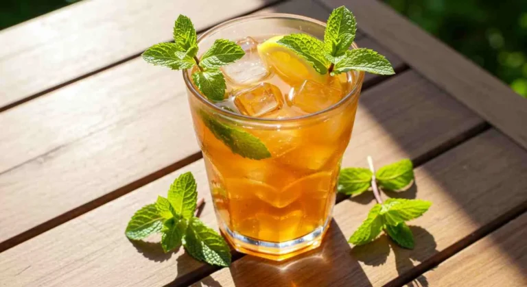 A glass of fresh brewed iced tea with ice and a lemon wedge.