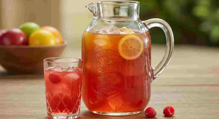 Gallon-sized containers of iced tea and raspberry lemonade.