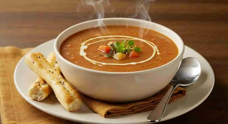 A warm bowl of homemade soup with fresh ingredients.