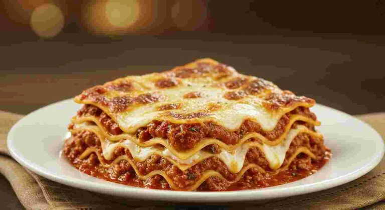 Traditional Lasagna Classico with meat sauce, béchamel, and melted cheese, baked golden.