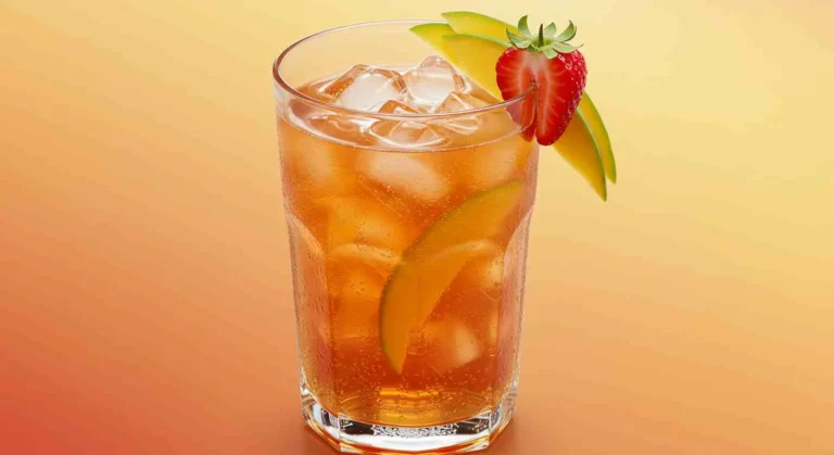 A glass of Mango-Strawberry Iced Tea with ice and fresh fruit garnish.