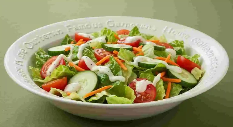 A crisp, fresh house salad with lettuce, tomatoes, olives, onions, and croutons.