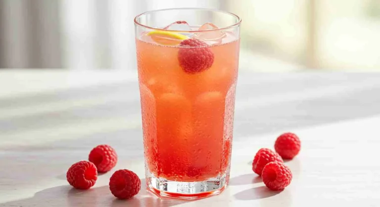 A glass of raspberry lemonade with ice and fresh raspberries.