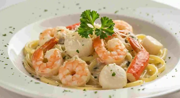 Creamy Seafood Alfredo with fettuccine pasta, shrimp, and scallops.