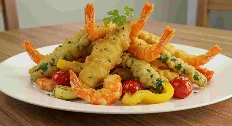 Crispy Shrimp Fritto Misto with fried peppers and marinara sauce.