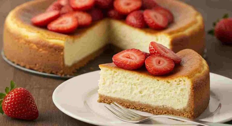 A slice of Sicilian cheesecake topped with fresh strawberries.