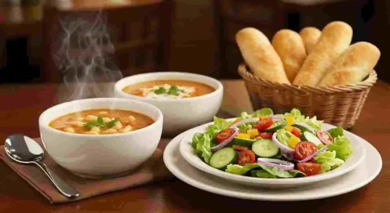 A bowl of soup, a fresh salad, and warm breadsticks.