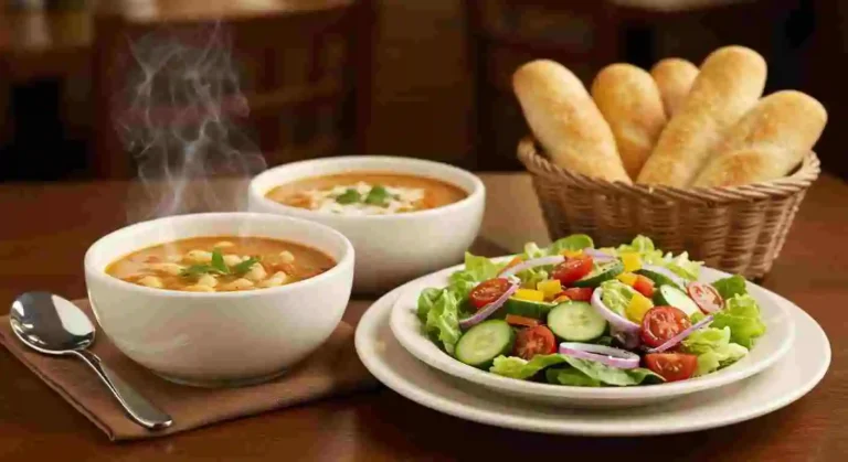 A fresh garden salad, warm breadsticks, and a bowl of soup.