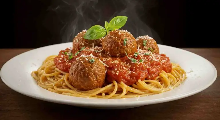 Spaghetti with marinara sauce, juicy meatballs, and Parmesan.