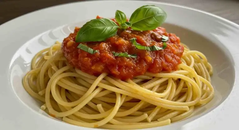 A plate of Spaghetti with Marinara Sauce featuring tender spaghetti noodles topped with a rich, tangy tomato-based marinara sauce.