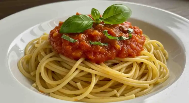 Spaghetti topped with vibrant marinara sauce and Parmesan.