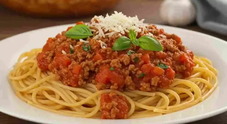 Spaghetti topped with hearty meat sauce and Parmesan.