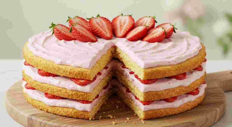 A slice of Strawberry Cream Cake with sweet cream and fresh strawberries