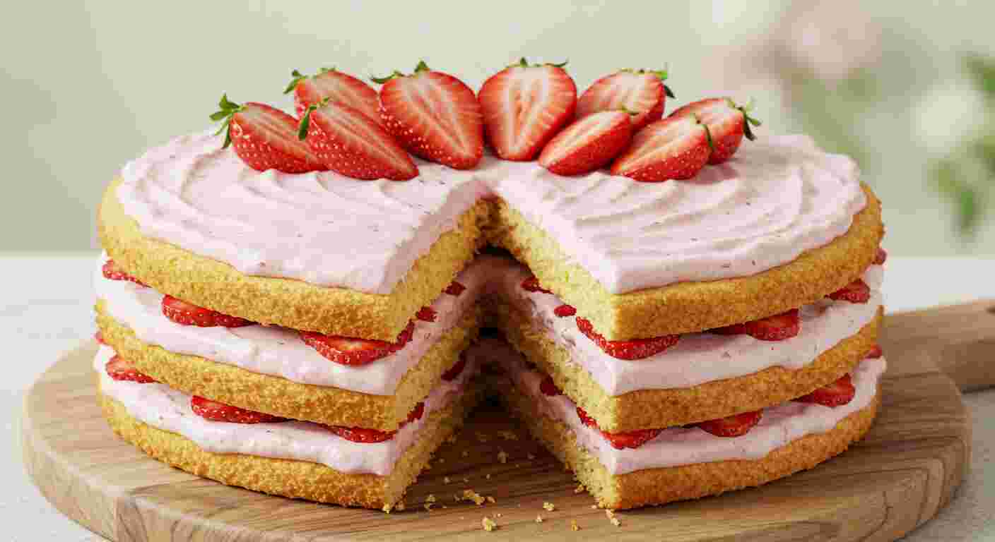 A slice of Strawberry Cream Cake with sweet cream and fresh strawberries