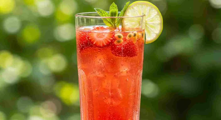 A glass of Strawberry-Passion Fruit Limonata with ice and fresh fruit garnish.