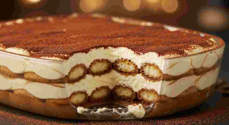 A slice of Tiramisu with layers of coffee-soaked ladyfingers, mascarpone cream, and cocoa powder.