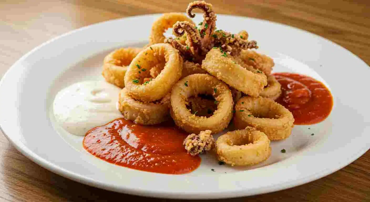 Crispy, golden-fried calamari with marinara sauce.