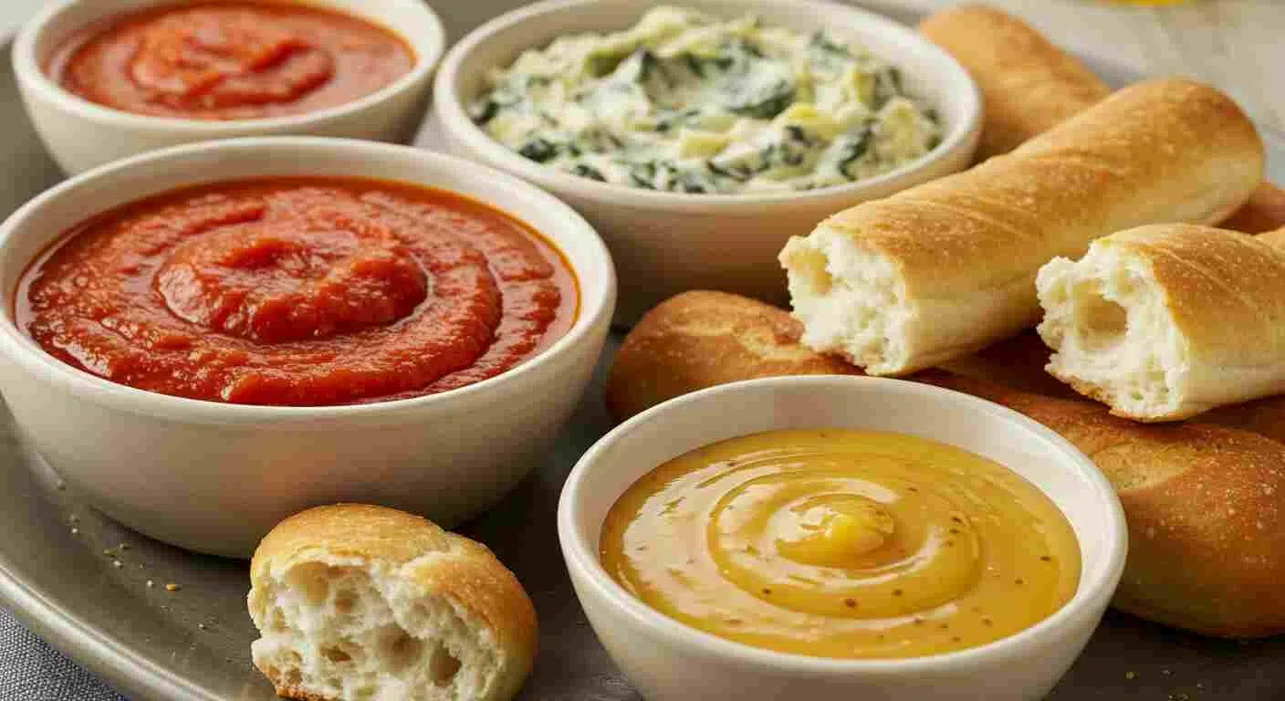 A variety of dipping sauces served with warm breadsticks.