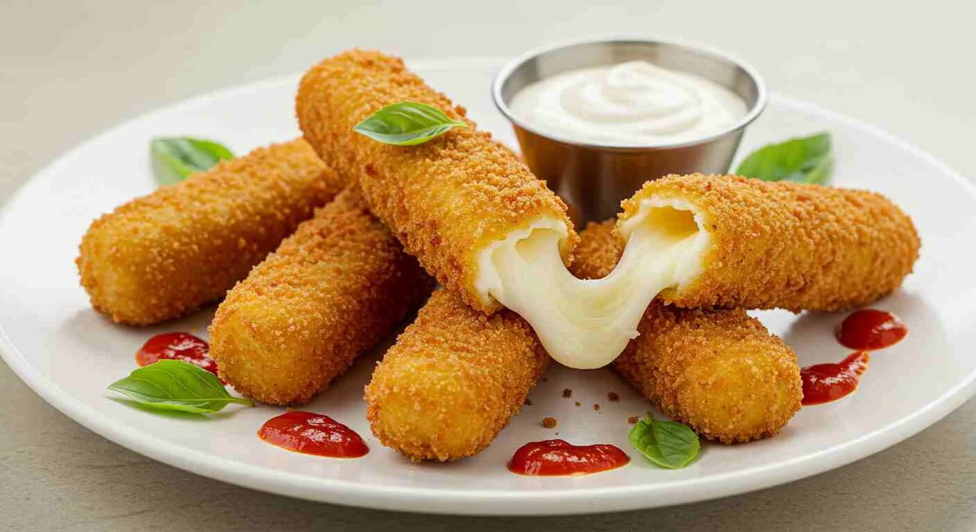 Crispy fried mozzarella sticks with marinara sauce.