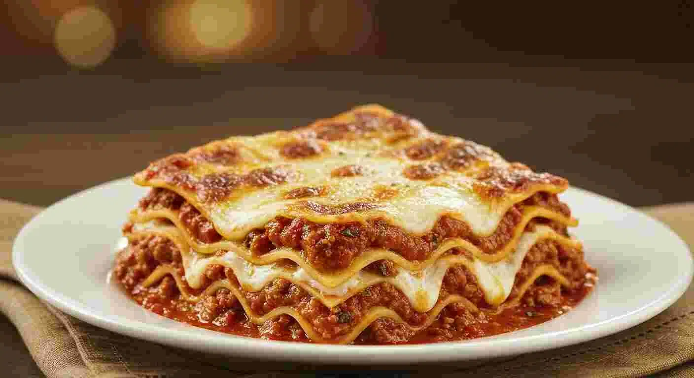 Traditional Lasagna Classico with meat sauce, béchamel, and melted cheese, baked golden.