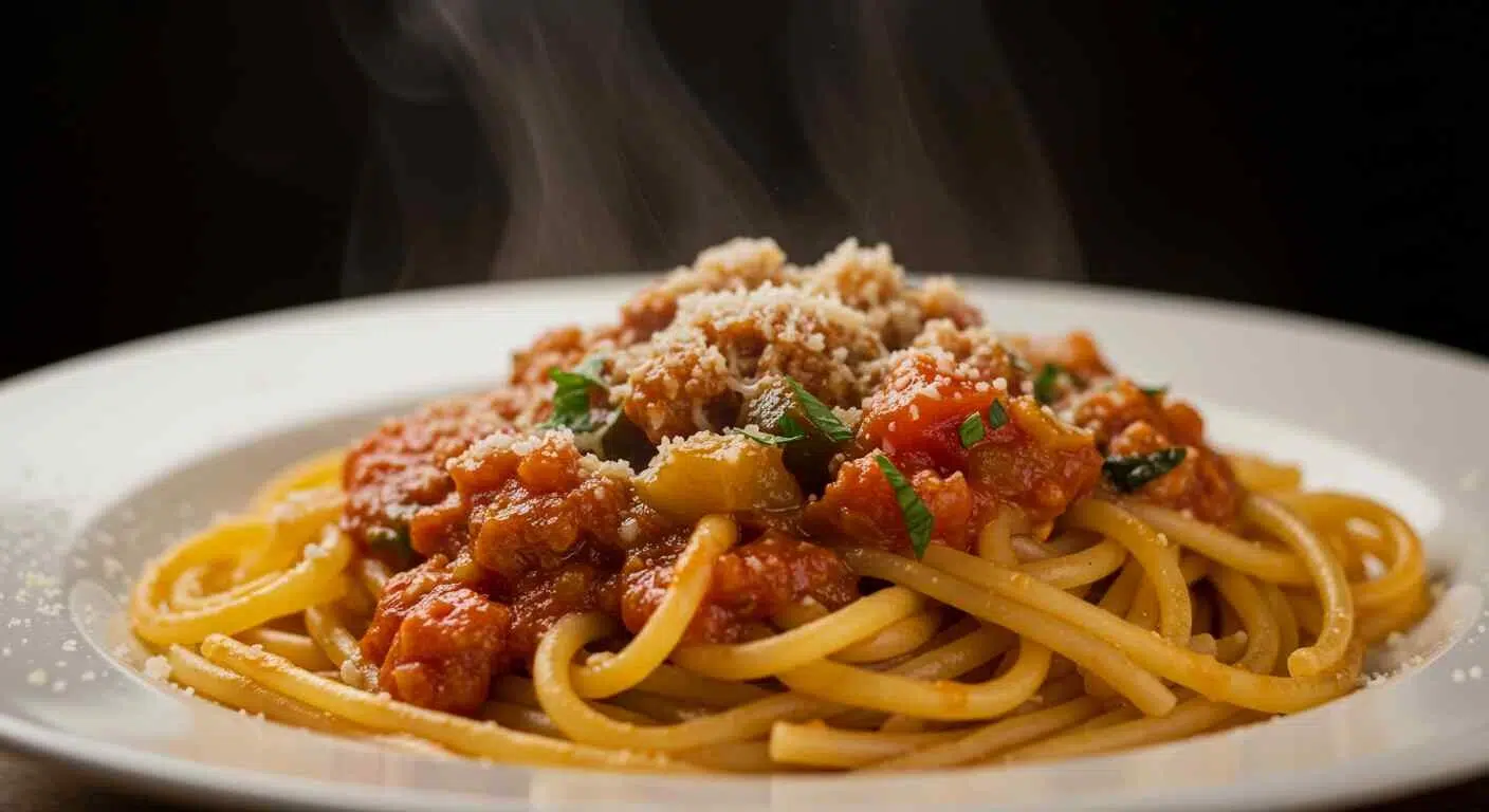 Bowl of fresh pasta with customizable sauces and toppings.