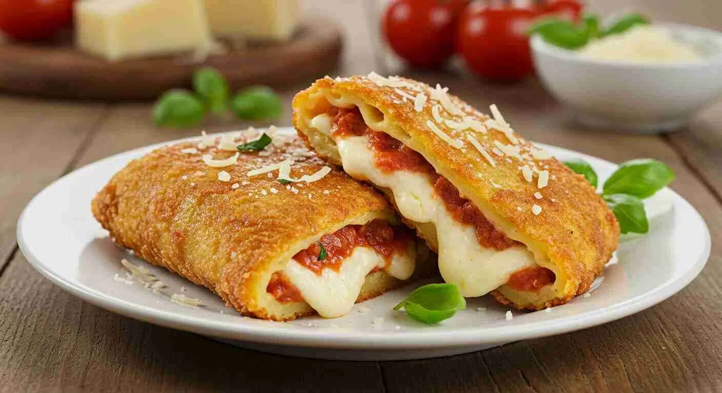 Crispy fried stuffed ziti with marinara and Alfredo sauce.